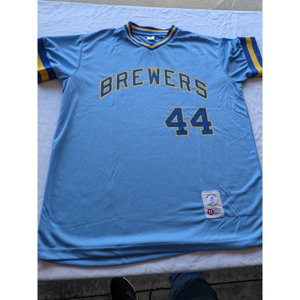 Milwaukee Brewers Jersey 44 Hank Aaron powder Blue Retro Barrelman Mesh V-neck M